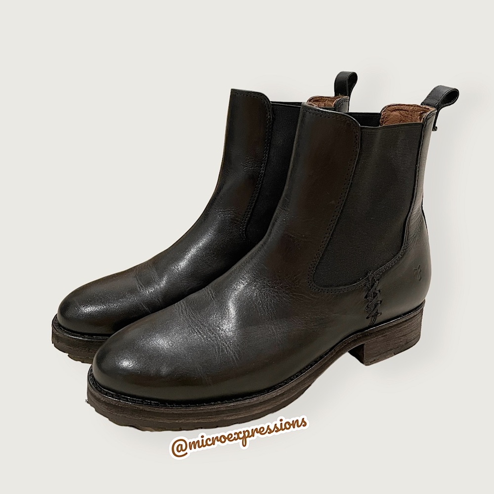 $369 Frye Melissa Chelsea Black Genuine Leather Comfy Low Heel Short Ankle Boot - Picture 10 of 16